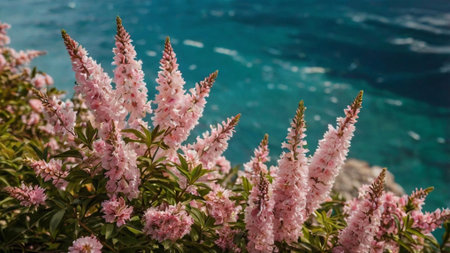 Beautiful pink flowers on the background of the sea and sky.の写真素材