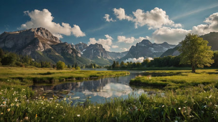 Panoramic view of the lake in the Dolomites, Italy