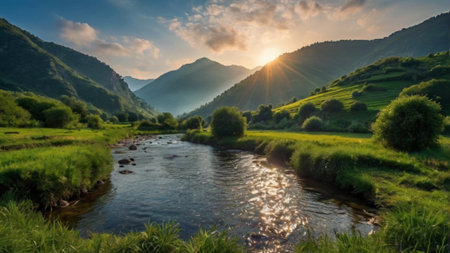Sunset over the mountain river. Landscape with river and mountains