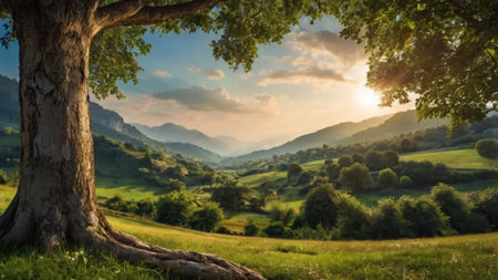 Beautiful sunset in the mountains. Summer landscape with green meadows and trees.