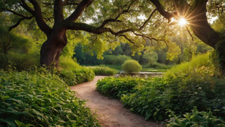 Beautiful summer landscape with a river and big old oak trees.の写真素材