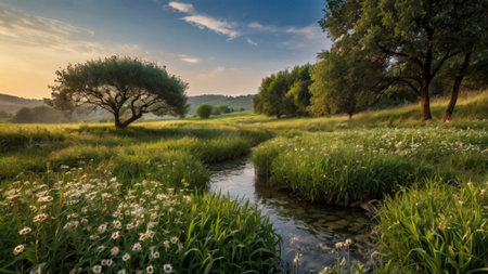 Panoramic view of meadow and trees at sunset in summerの写真素材