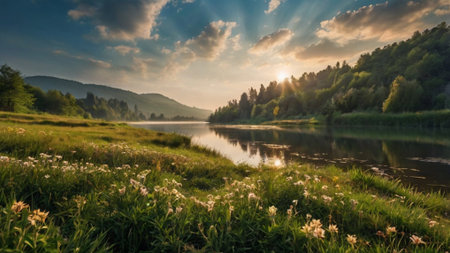 Beautiful summer landscape with river and forest on the background. Panoramaの写真素材