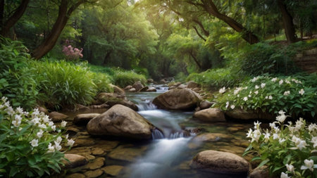 Beautiful river flowing through a forest with rocks and flowers.
