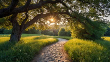 Panoramic view of a path in the middle of a green field at sunset.