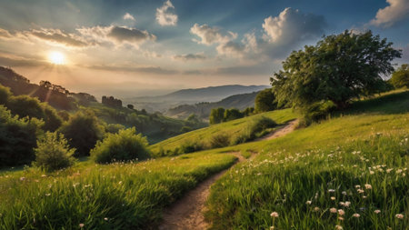 Panoramic view of a path in the countryside.の写真素材