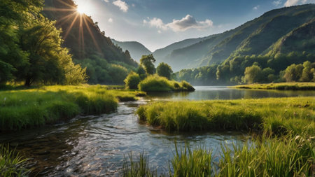 Sunset on the mountain river. Beautiful summer landscape with river.