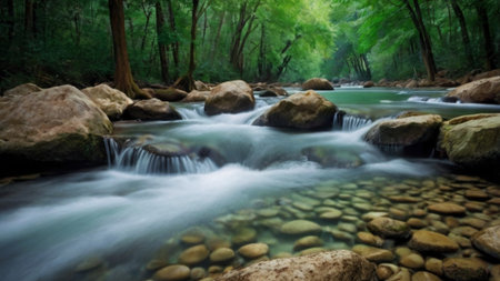waterfall in deep forest, long exposure shot.