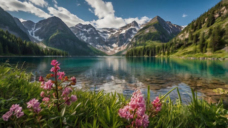 Beautiful alpine lake with pink rhododendron flowersの写真素材