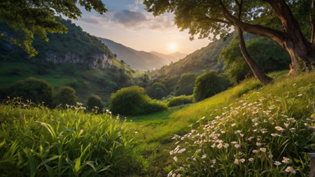 Sunset in the mountains. Green meadow with wildflowersの写真素材