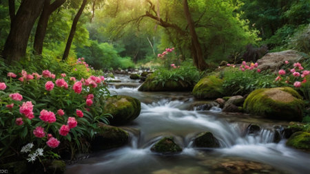 Beautiful pink peony flowers in the spring forest with a mountain streamの写真素材