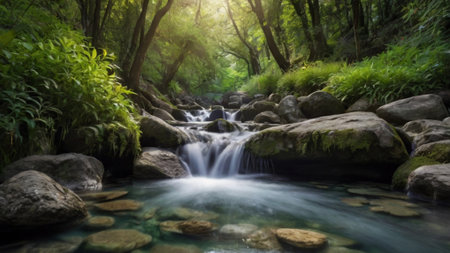 Beautiful waterfall in the forest with sunbeams and lens flare