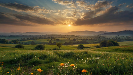 Sunset over the meadow with flowers and mountains in the background