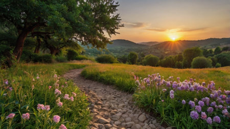 Sunset over a path in the Tuscany, Italy.の写真素材