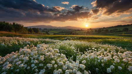 Beautiful sunset over a meadow with white flowers and mountains in the background