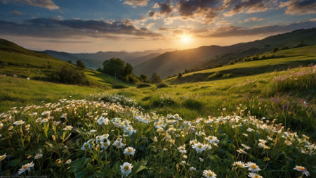 Sunset in the mountains. Beautiful summer landscape in the Carpathians.の写真素材