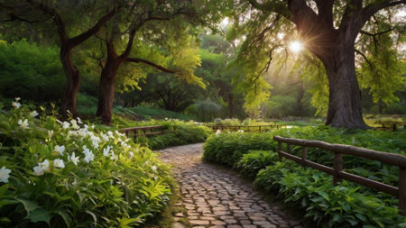 Pathway through the park at sunset. Beautiful landscape with trees and flowers.の写真素材
