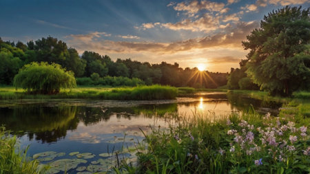 Sunset over the river. Beautiful summer landscape. Panorama.の写真素材