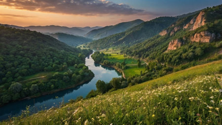 Panoramic view of the river and mountains at sunset. Beautiful summer landscape.