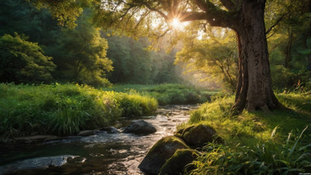 Sunset in the forest. Panorama of a river in the woods.の写真素材