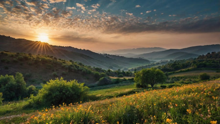 Sunset in Tuscany, Italy. Panoramic view.の写真素材