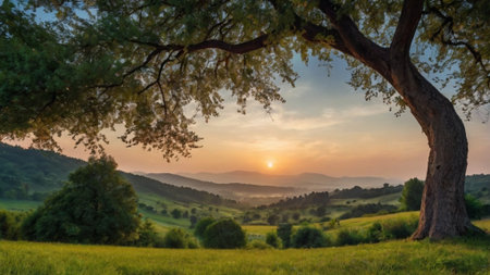 Sunset over the hills in Tuscany, Italy. Beautiful summer landscape.の写真素材