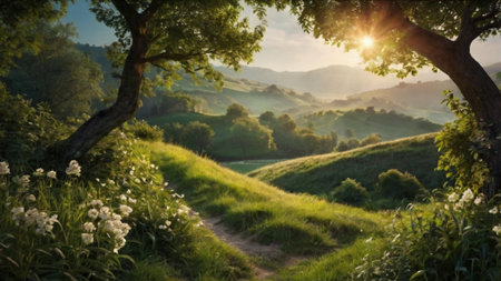 Beautiful summer landscape in the mountains. Sunrise over the meadow.