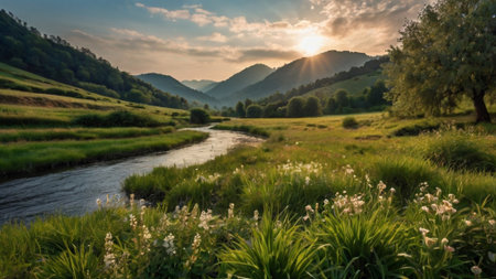 Beautiful sunset over the river in the mountains. Summer landscape.の写真素材