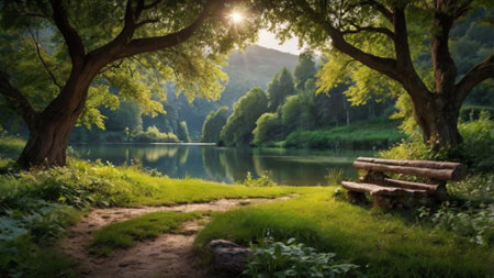 Wooden bench by the lake in the morning. Beautiful summer landscapeの写真素材
