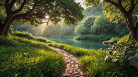 Stone path in the park with green trees and lake in the morningの写真素材