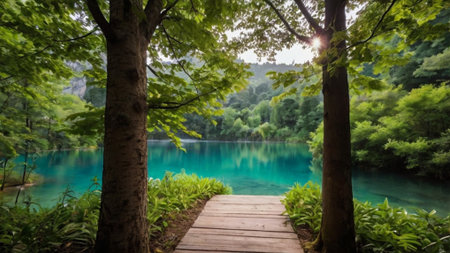 Beautiful turquoise lake in Plitvice Lakes National Park, Croatiaの写真素材