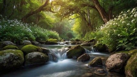 Waterfall in a beautiful green forest. Panoramic shot.