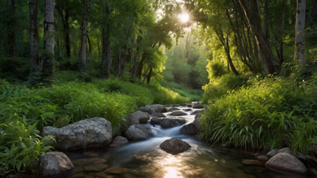 Beautiful mountain river in the summer forest. Beautiful nature background.の写真素材