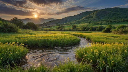 Sunset over a small river in the mountains of the Crimea.の写真素材