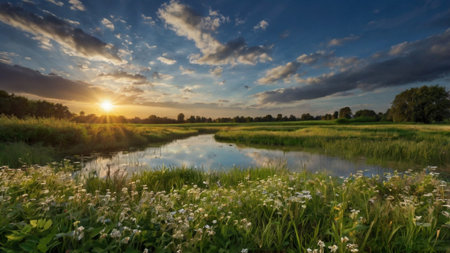Sunset over a small river in summer, panoramic viewの写真素材