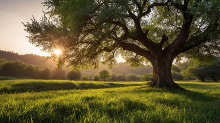 Old oak tree in the meadow at sunset. Countryside landscape