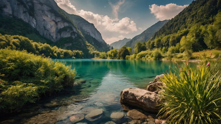 Beautiful mountain lake in the Alps. Landscape with turquoise water.の写真素材