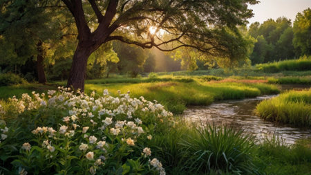 Sunset over a small river with green grass and trees in the backgroundの写真素材