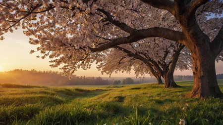 Cherry blossoms on a meadow at sunset in spring.の写真素材