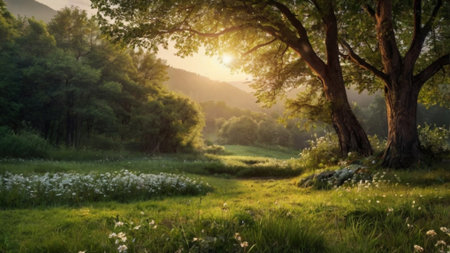 Beautiful summer landscape with sunbeams shining through trees and grassの写真素材