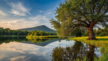 Beautiful summer landscape with a lake and a tree in the foregroundの写真素材