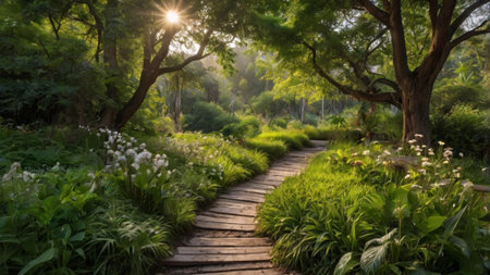 Pathway in the garden with sunlight in the morning, stock photoの写真素材