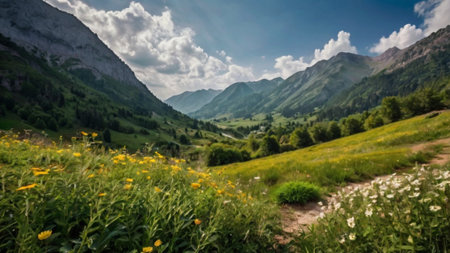 panoramic view of alpine meadow with wildflowersの写真素材