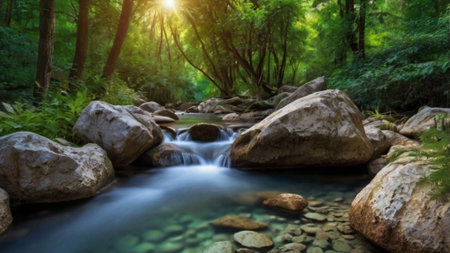 Beautiful waterfall in the forest. Panoramic view of the mountain river.