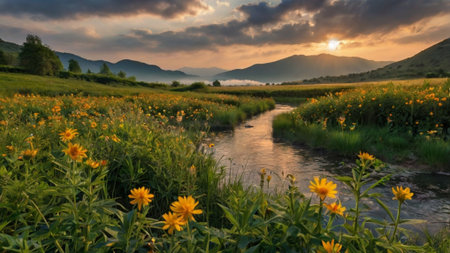 Sunset over the river with yellow flowers in the foreground and mountains in the background