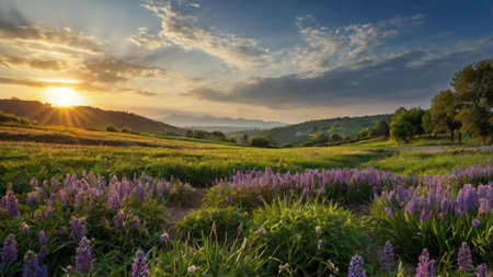 Sunset over a meadow with lupines in the foreground