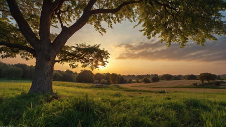 Sunset over a field with trees and grass in the foreground.の写真素材