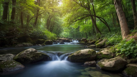 Beautiful waterfall in the forest. Panoramic view of the mountain river.の写真素材