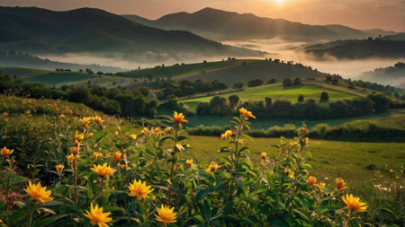 Sunset in Tuscany. Landscape with sunflowers.