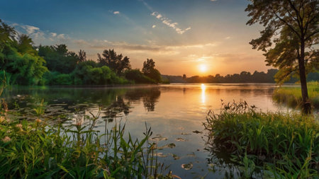 Beautiful sunset on the river. Summer landscape. Nature composition.の写真素材